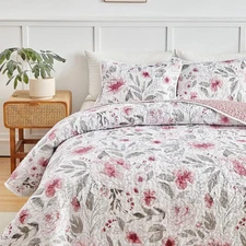 Botanical Quilt Set King Size 3 Pieces, Blush Pink and Grey Flowers Printed E...