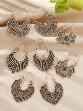 6 Pairs Yellow Gold Hollow Out Hoop Earrings Boho Ethnic Set