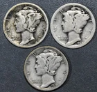 1928-PDS 10C MERCURY SILVER DIME 3 Coins Large S KM# 140 Grade:  VG A6637