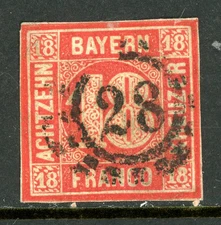 Germany States 1862 Bavaria 18 Kr Vermillion Red Scott #14 VFU M364