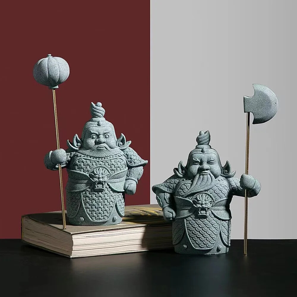 China Green Sandstone Hum Ha Door God Statue Art Sculpture Decoration