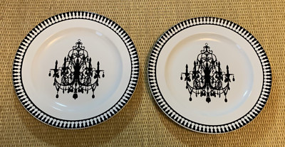 2 Black White Chandelier Salad Dessert Plates BELLE MAISON Gothic Halloween