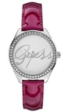 Guess Burgundy Red Strap Women's Watch Steel Crystals Fixed Silver dial W0229L3