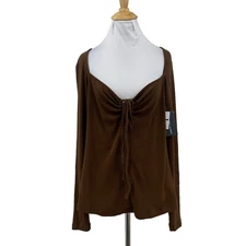 Melrose & Market Blouse Women L Large Brown Sweetheart Long Sleeve Tie Front