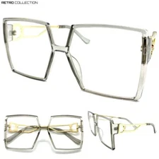 Oversize Exaggerated Retro Clear Lens EYE GLASSES Large Square Gray & Gold Frame
