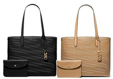 Michael Kors Eliza XL Hand Woven Leather Open Top Tote in Camel MSRP 458