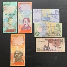 6 PCS Venezuela Egypt Banknotes Lot. Venezuelan Paper Money Currency Set. MINT