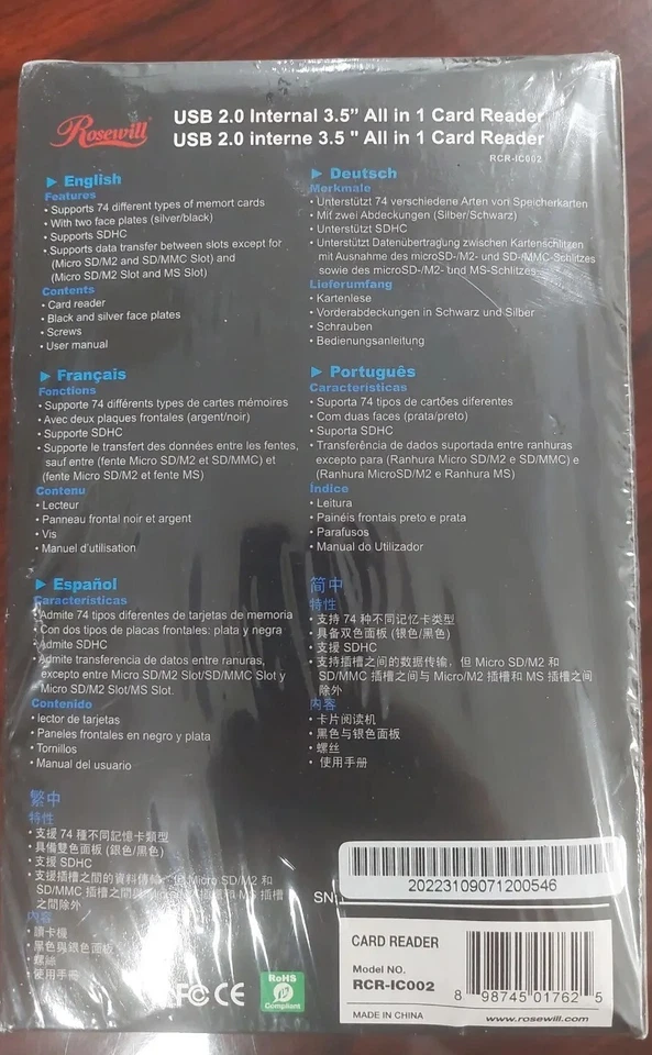 Rosewill Internal 74-in-1 Card Reader 3.5" Drive Front Bay Retail Box Type A USB - Image 2 of 4
