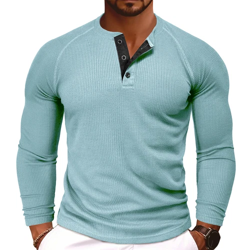 Mens Ribbed Henley Shirts Long Sleeve Button Grandad Plain Casual Tops T-Shirt - Picture 14 of 34