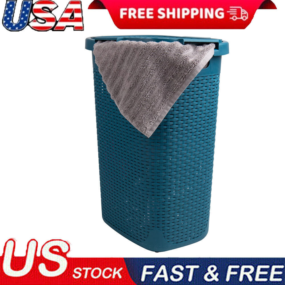 60L Slim Laundry Hamper with Cut-Out Handles, Hinged Lid, and Ventilation in Blue-image