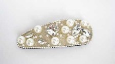 White pearl and crystal hair pin snap clip barrette for fine thin hair