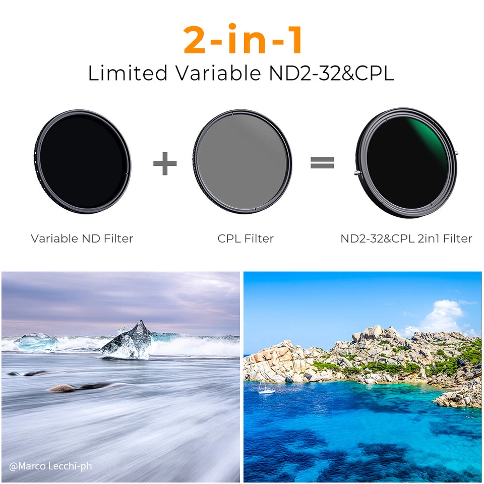 K&F Concept 2 in 1 Variable ND2-ND32 & CPL Camera Lens Filter No X Spot 49-82mm - Image 3 of 4