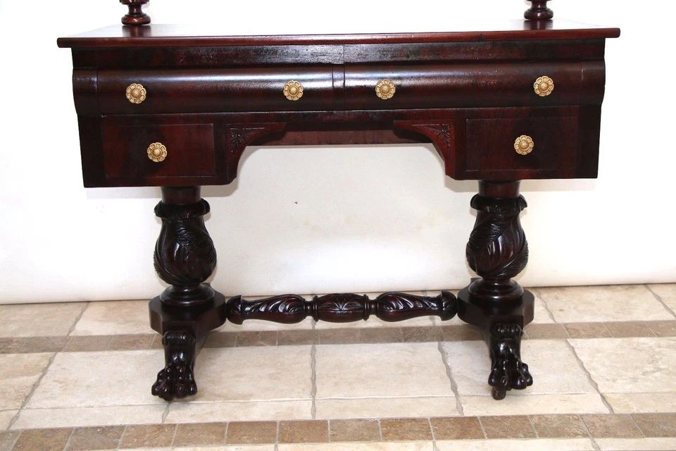 Mesa de escritorio antigua estilo imperio caoba tocador doble pedestal patas patas patas de garra Foto 2 de 4