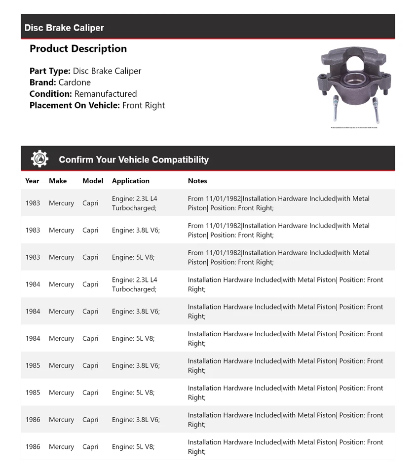 Pinza de freno de disco delantera derecha Cardone 1984 1985 Mercury Capri 1983-1986 Foto 2 de 4