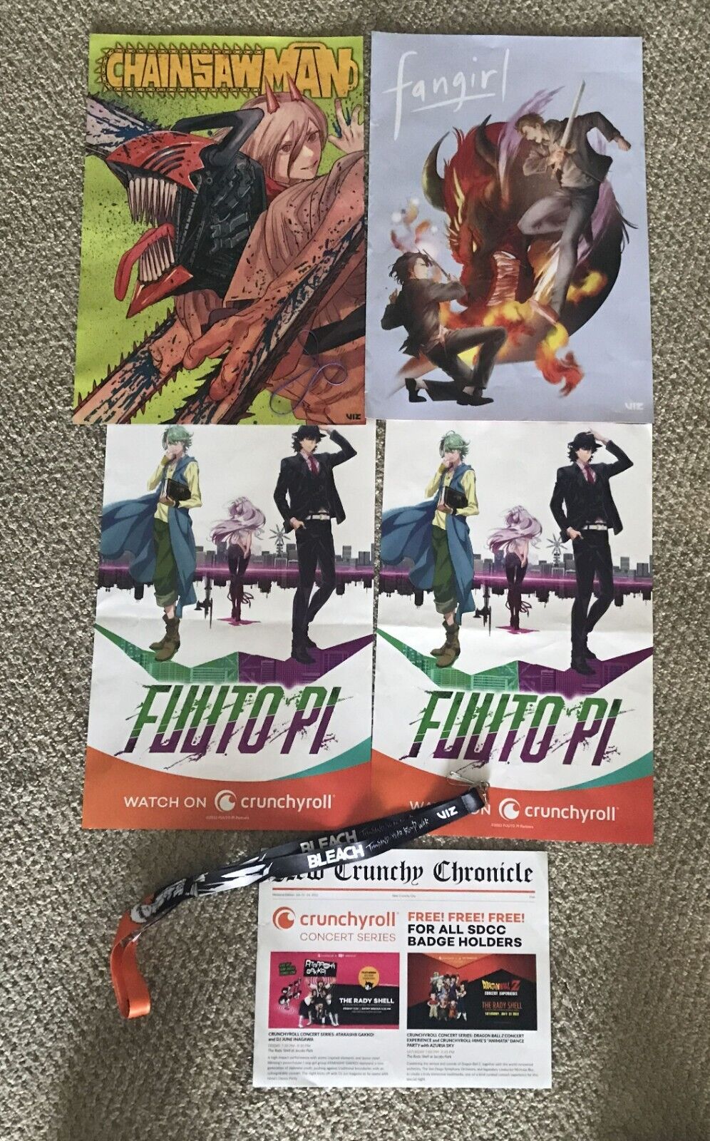 SDCC 2022 CHAINSAWMAN FANGIRL FUUTO PI POSTERS & VIZ BLEACH LANYARD ANIME  PROMOS