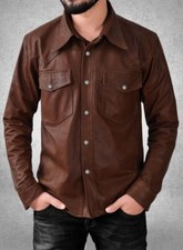 Men's Brown Leather Shirt Real Soft Lambskin Leather Shirt