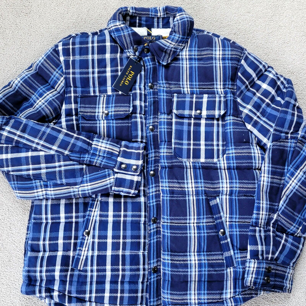 Polo Ralph Lauren Men Plaid Sherpa Lined Work Shirt Blue Overshirt Jacket Large