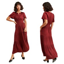 Anthropologie Somerset Maxi Dress Red Wine Smocked Cottagecore Boho Tiered Sz S