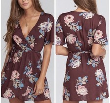 Show Me Your MuMu Women’s Burgundy Floral Wrap Dress Short Flutter Sleeve Size S
