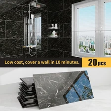 20/40pcs Black Marble Peel and Stick Waterproof Wall Panels Ssticker for Bedroom