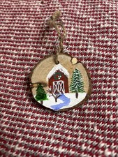 Red Barn In The Snow Ornament With 3 Fir Trees On Wood Slice With Knots