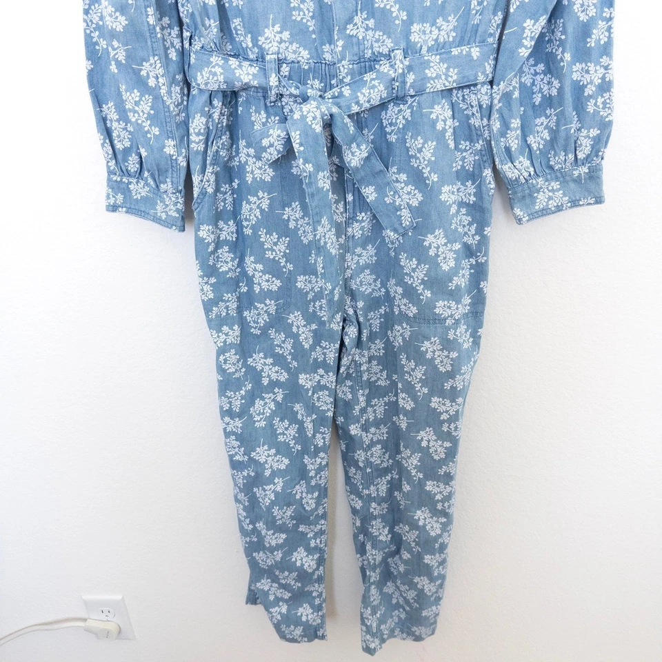 Old Navy Womens Denim Jumpsuit Sz M Blue Floral Long Sleeve Boho Cottage Utility - Image 4 of 4