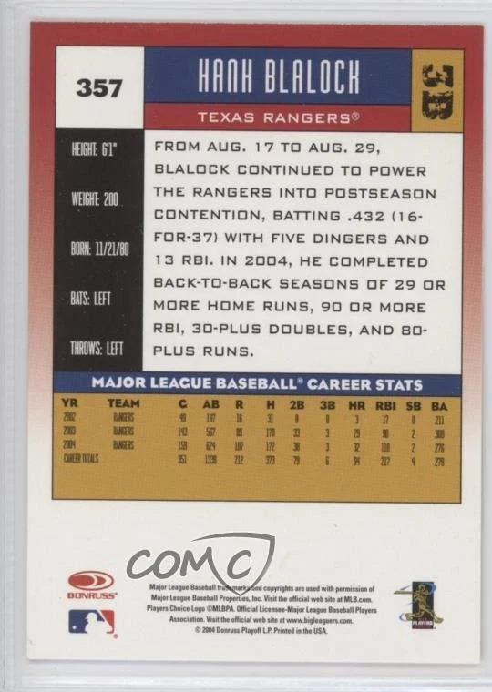 2005 Donruss Hank Blalock #357 - Image 2 of 2