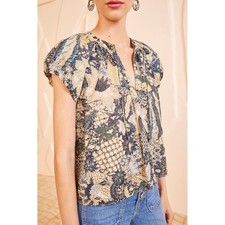 Ulla Johnson Issa Blouse Top Yellow Blue Floral Puff Sleeve Peasant NWT Size 4