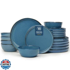 FOBENTA 18 Piece Slate Blue Ceramic Plates and Bowls Set,Minimalist Dinnerwar