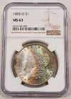 1885-O Morgan Dollar NGC MS63 Crescent Rainbow Toned