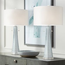 Modern Table Lamps Set of 2 Light Sky Blue Fluted Glass for Living Room Bedroom