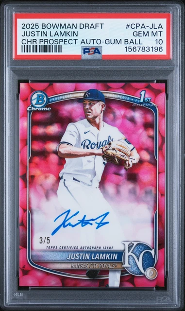 2025 BOWMAN DRAFT CHROME PROSPECT AUTO GUM BALL JUSTIN LAMKIN 3/5 PSA 10