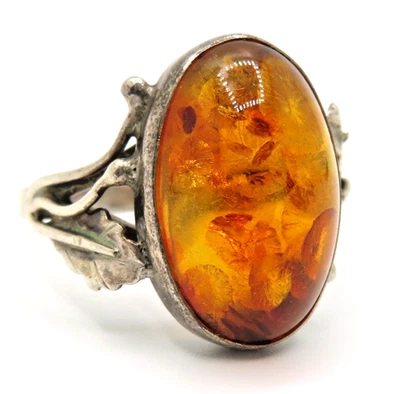 Eleganter 925 Sterlingsilber Ring Bernstein oval edel Fassung Blattoptik Polen - Bild 1 von 4