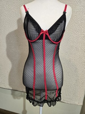 fredericks of hollywood lace Corset Bodysuit  Mesh Black/red Trim Vtg 90sY2k Sm