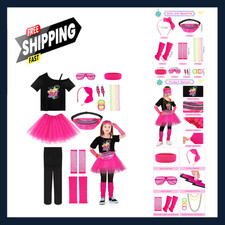 Girls 80s Costume Set Includes T Shirt Skirt Gloves Leg Warmers Accessories