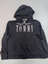 Tommy Hilfiger Hoodie Sweatshirt Mens Medium Black Logo Pullover Fleece