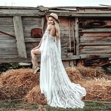 Hippie Crochet Lace Wedding Dress Slit Backless Chic Civil Boho Bridal Gown