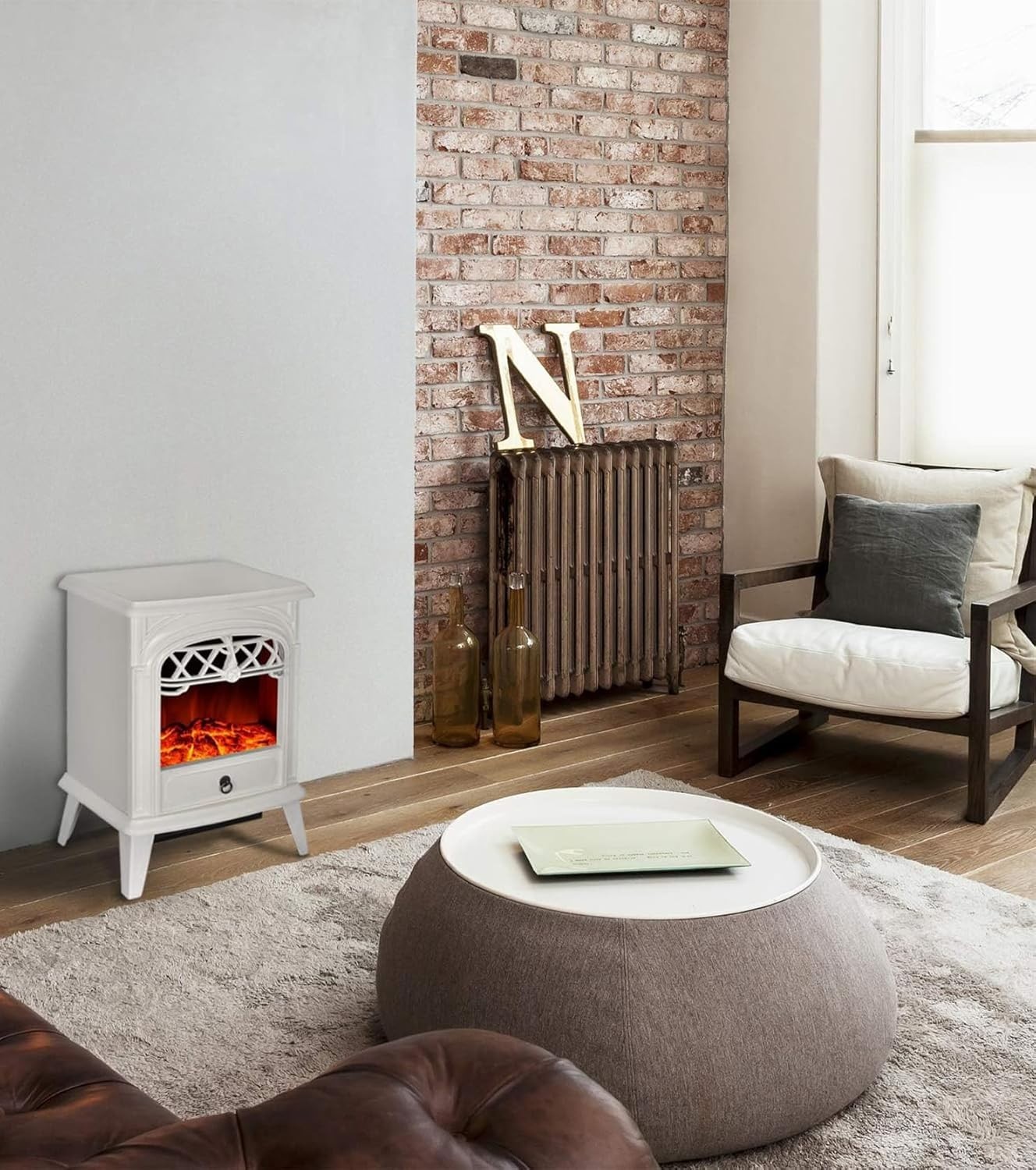 Free Standing Electric Fireplace 1500W Space Heater Realistic Flame, White/Black