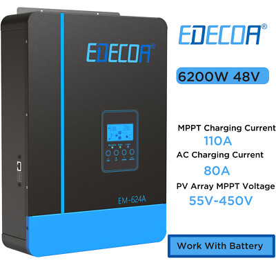 Onduleur-chargeur Hybride EDECOA 6200W 48V/220V MPPT 110A - Pur Sinus Pour Système Solaire Autonome