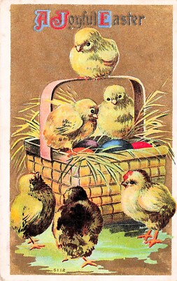 Easter Card Square Woven Wicker Splint Basket Chicks Eggs Vtg Postcard E19