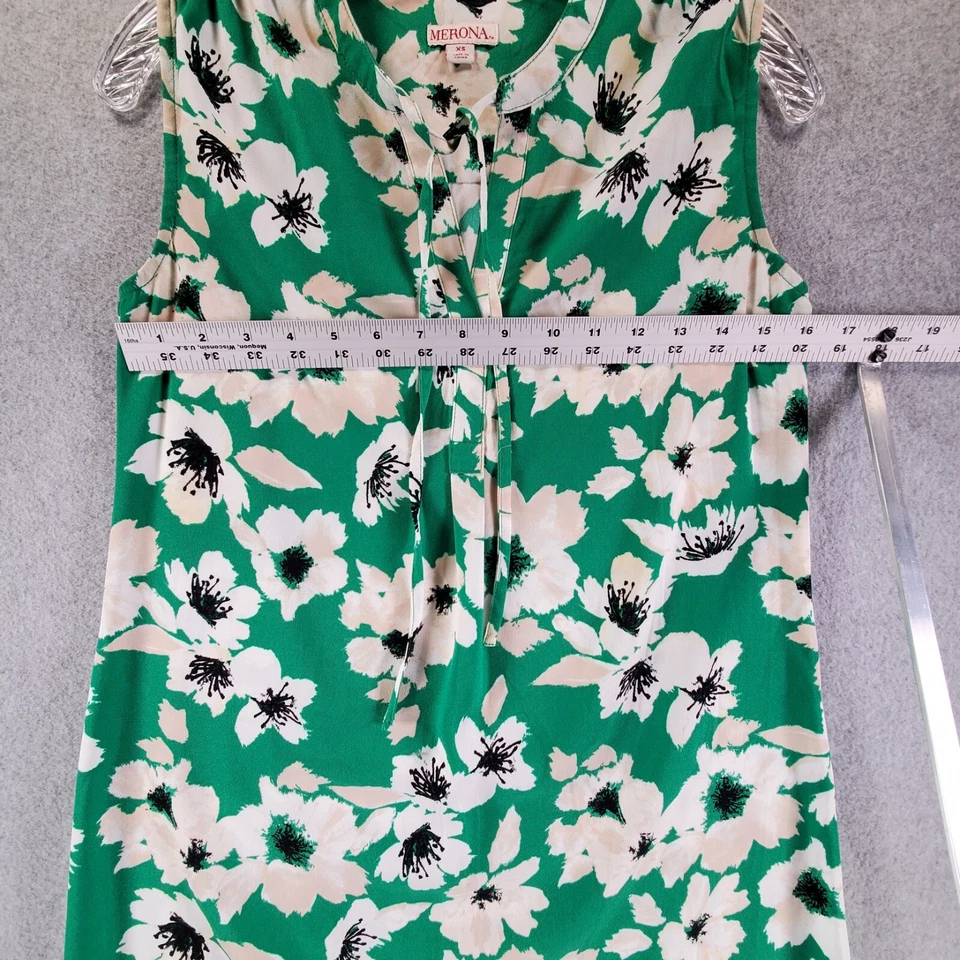 Merona Green Beige White Black Floral Sleeveless Drawstring Neck Shift Dress XS - Image 4 of 4