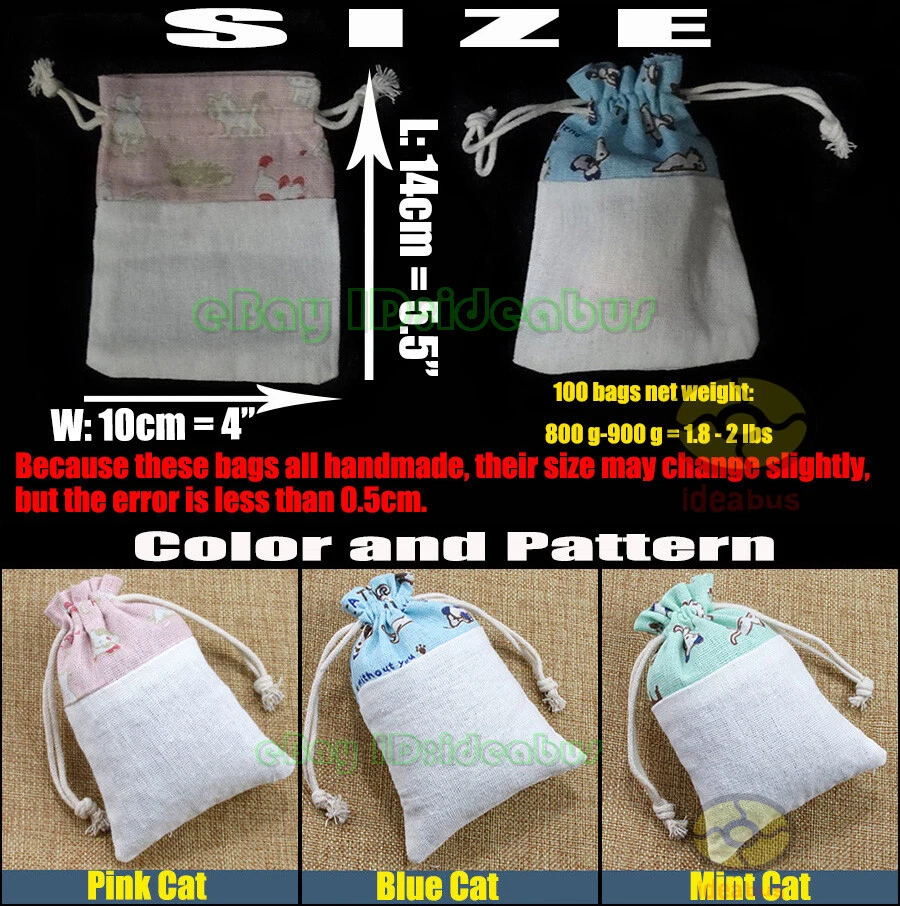 12/25/50/100 piezas Algodón Lino Mezclas Estampado Gato Gatito Cordón Bolsas Bolsa 5.5"x4" Foto 3 de 4