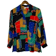 TanJay Women’s Blouse 14 Color Block Abstract Button Down Retro Vintage