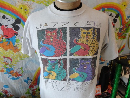 T-shirt vintage anni 90 Jazz Cats New Orleans Christopher Mayes Pop Art 1992 L - Foto 1 di 5