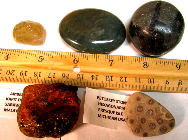 5 SPECIMENS PETOSKEY STONE LABRADORITE AMBER RUTILATED QUARTZ SEPTARIAN #079