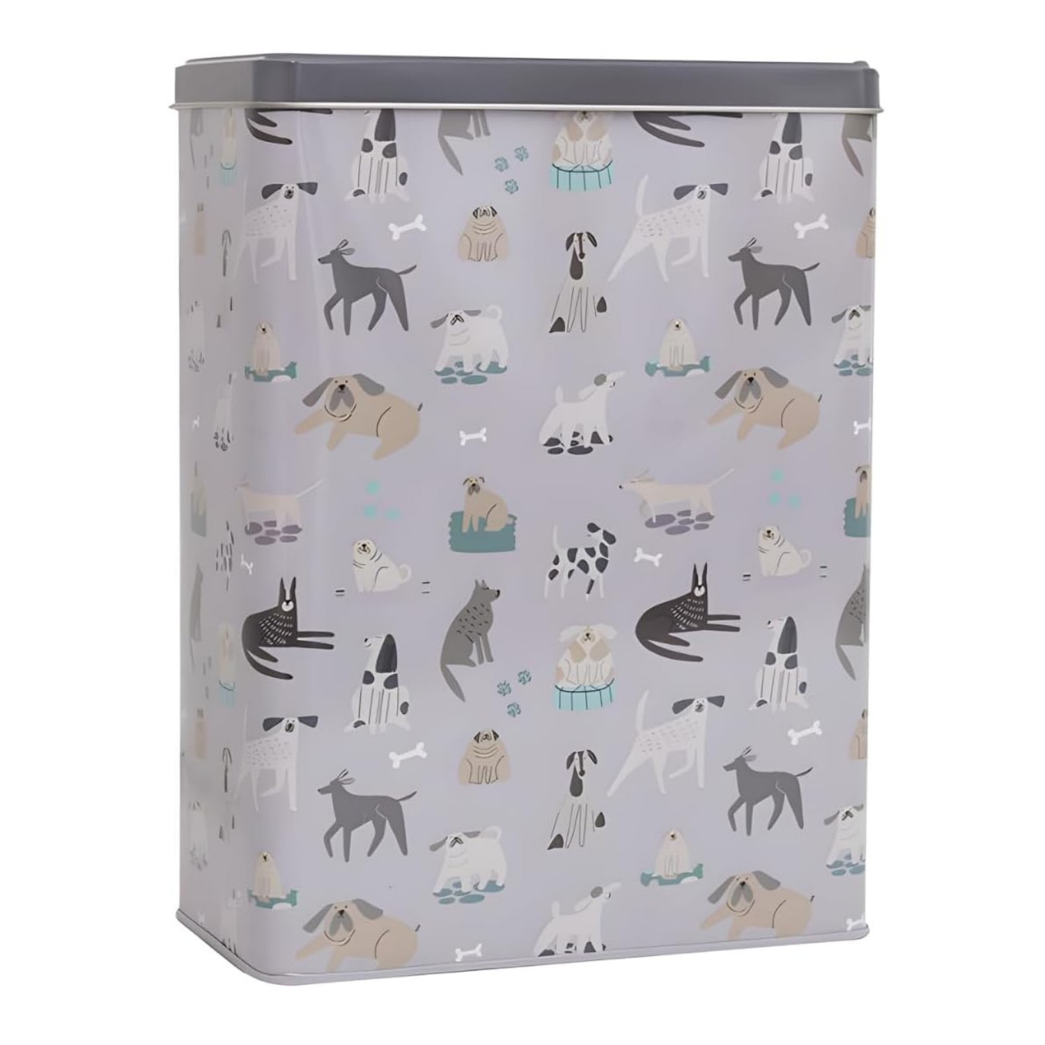 Pet Treat Storage Tin Grey Dog Print with Secure Lid Rectangle Feeding Canister