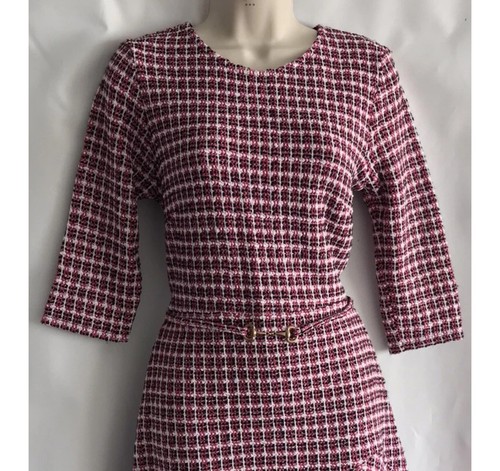New Lipsy Size 12 Pink White Black Curve Hem Skater Boucle Belted Dress Party - Picture 7 of 19