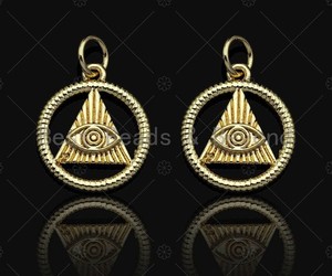 Authentic CZ Micro Pave Evil Eye On Triangle With Round Ring Shape Pendant, Gold Plated,
