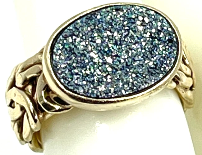 Anel vintage folheado a ouro com mais de 925 banda bizantina larga com azul claro druso tamanho 6 - Imagem 2 de 4