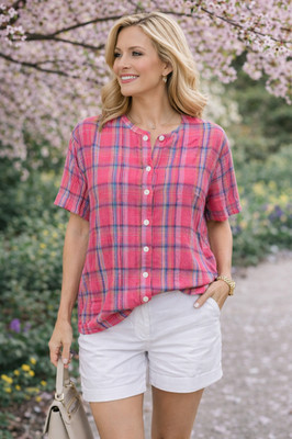 P2XL Blair womens top blouse Bust 58'' L 30'' NEW red blue seersucker plaid button